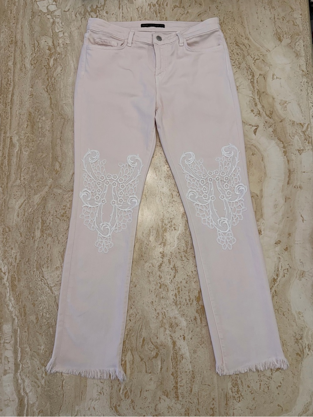 J Brand Pale Pink Straight Leg Jeans with White Embroidery Size 30